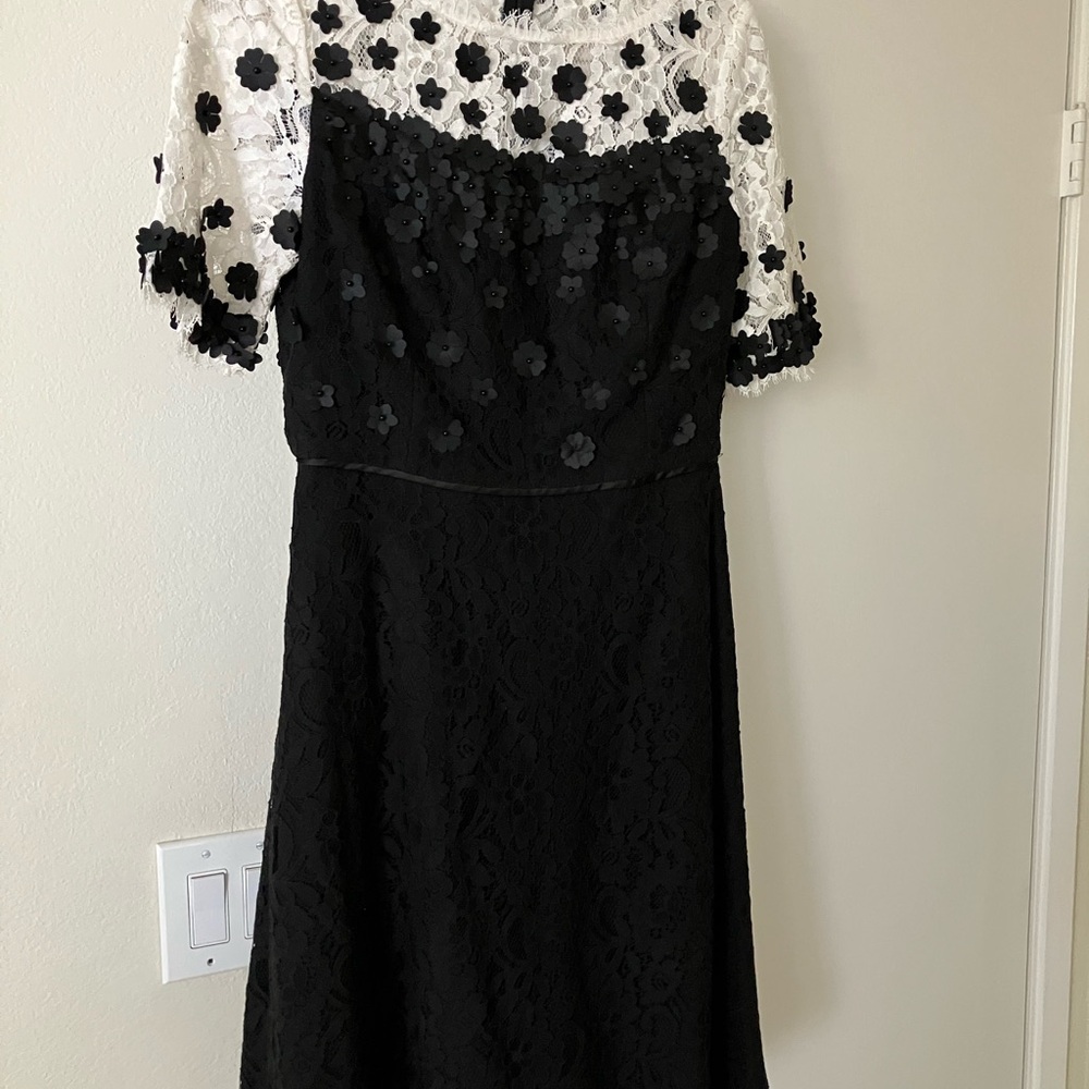 SHANI Black and White A-Line Lace Cocktail Dress with Black Flowers